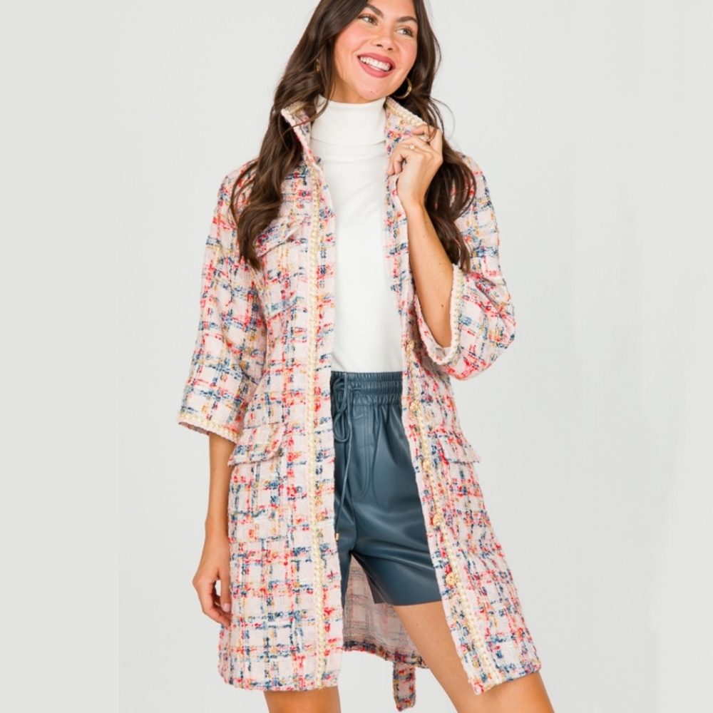 Easel Tweed Longline Belted Jacket Pastel Multi Tinsel Trim 4 Pockets Blue Red